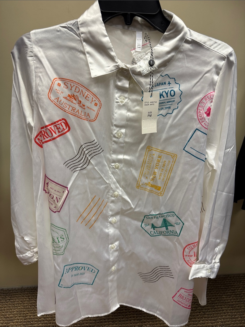 Kaktus White Passport-Stamp Print Button Front Blouse
